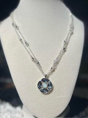 Blue opal and silver layered necklace with a unique design